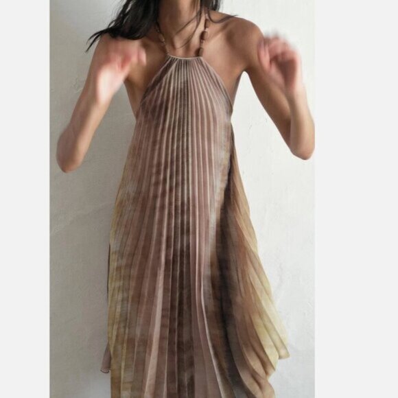 ZARA WOMEN SS24 TIE DYE PLEATED HALTER DRESS MULTICOLORED - Picture 2 of 11